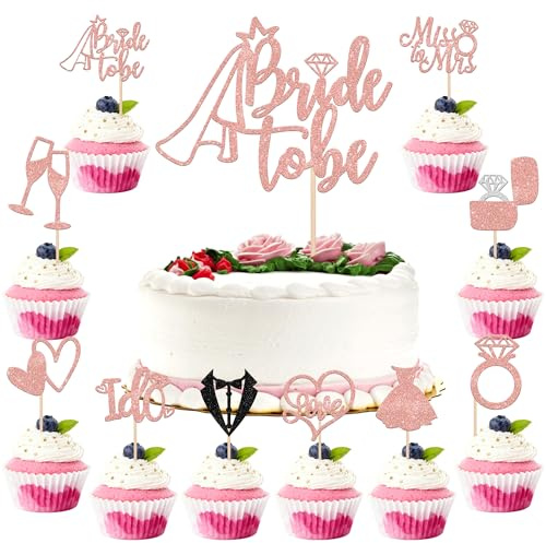 21 Stück Bride to Be Tortendeko Glitzer Hochzeit Cupcake Toppers Liebe Herz Diamant Ring Cake Topper Braut und Bräutigam Kuchen Deko für Verlobung Hochzeiten Thema Party Kuchen Dekorationen Rosegold