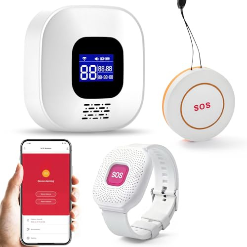 Yomshi WiFi Rechargeable Smart Personal Alarms Wireless Caregiver Pager Call System 1 Receivers Nurse Calling Alert Patient Help Link to Phone with 1 Call Button & 1 Wrist Button