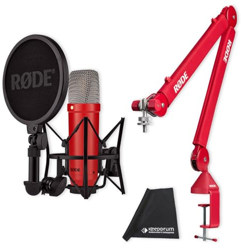 Rode NT1 Signature Studio-Mikrofon Rot mit PSA1+ Gelenkarm-Stativ Rot und keepdrum Mikrofasertuch