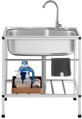 Lavello in Acciaio Inox 1 Vasca, Lavandino da Esterno con Rubinetto Lavandino Commerciale Lavello Autoportante Lavabo Cucina Lavamani Industriale Per Esterni Cortile Garage Campeggio 68X44cm