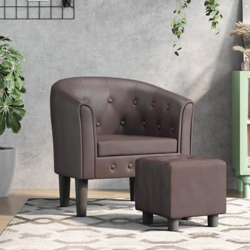 Runheo Clubsessel mit Fußhocker, Braun Kunstleder, Robustes Kiefernholzgestell, Bequemer Relaxsessel für Wohnzimmer, Schlafzimmer, Büro, 110kg Belastbarkeit