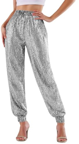 Glitzer Hose Damen Pailletten Hose Party Silvester Paillettenhose Festliche Disco Rave Outfit Karneval Kostüm Damen Faschingskostüme Vintage Elegant 70er Jahre Glitzerhose Disco Hosen 70er Klamotten