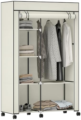 HOMCOM Kleiderschrank mit 6 Ablagen, Rollen, 103 x 43 x 162,5 cm Creme | Kleiderstange, Reißverschluss, Stoffschrank, Faltschrank, Ankleidezimmer, Schlafzimmer