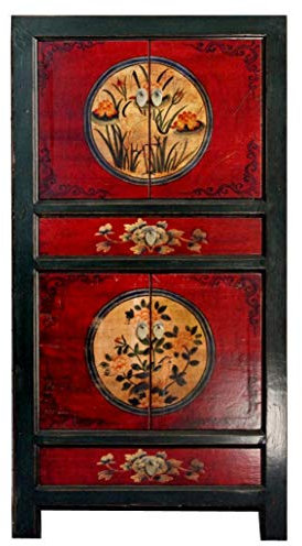 OPIUM OUTLET chinesischer Vintage Schrank Hochzeitsschrank rot-schwarz Kommode Sideboard asiatisch orientalisch Landhaus-Stil für Schlafzimmer, Wohnzimmer