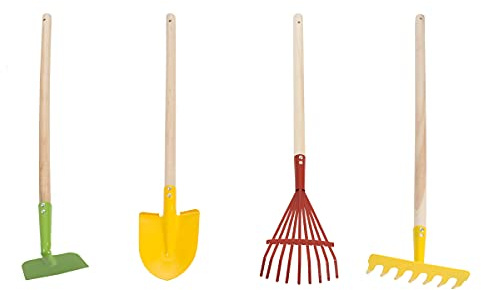 HEY! PLAY! Kids Gardening Set – 4-Piece Mini Garden Tools with Wood Handles – Child-Sized Shovel, Rake, Hoe, and Tined Hoe – Outdoor Toys for Children