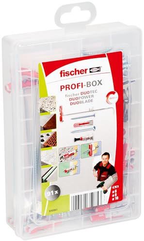 fischer Profi-Box DuoLine, plugg och skruvsats med 91 skruvar, DuoTec 10, DuoBlade & DuoPower pluggar (30 st. 6 x 30, 15 stycken 8 x 40), praktisk monteringslåda för montering