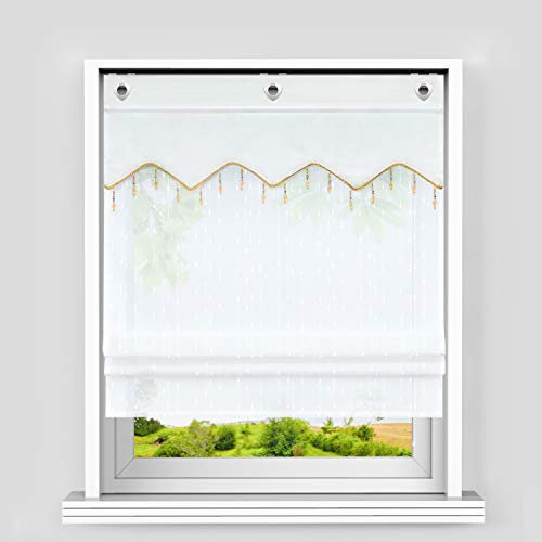 Heichkell Transpatentes Haken-Ösen Raffrollo Perlen Quaste dekorative Raffgardine ohne Bohren, Doppelschichtige Blickdichte Ösengardine Draper-Verschluss Weiß BxH 100x140cm