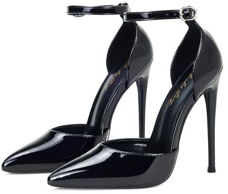 Elisabet Tang High Heels, Women Pumps D'Orsay Ankle Strap Pointed Toe Stiletto Heels Party Wedding Shoes Black 7