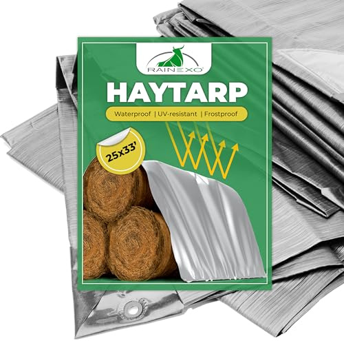 RAINEXO Waterproof Tarps 25x33 ft - 150 GSM, Heavy Duty Tarp, UV & Frost-Resistant Tarpaulin, Silver, Tearproof, Weatherproof Cover for Hay Stacks, Barns, Farm, Ranches, Silage, Equipment, Agriculture