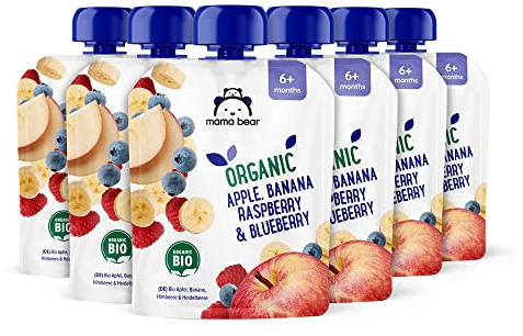 Marca Amazon - Mama Bear Bolsitas de Puré de manzana, plátano, frambuesa y arándano ecológicos, vegetariano, 90g, Paquete de 6