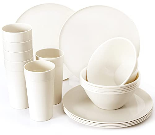 Youngever 18er Set Geschirr aus Kunststoff, Platten (25CM), Schalen (1000ML), Becher (600ML), Dienst für 6 (Creme)