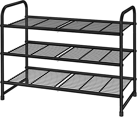 Simple Trending 3-Tier Stackable Shoe Rack, Expandable & Adjustable Shoe Shelf Storage Organizer, Wire Grid, Black