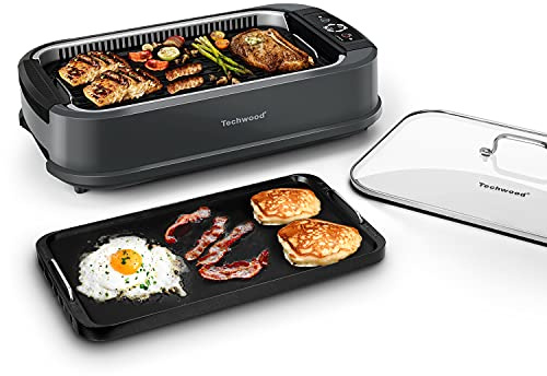 Techwood - Parrilla eléctrica sin humo de 1500 W con control de temperatura, parrilla coreana extraíble y placas de plancha, tapa de vidrio templado