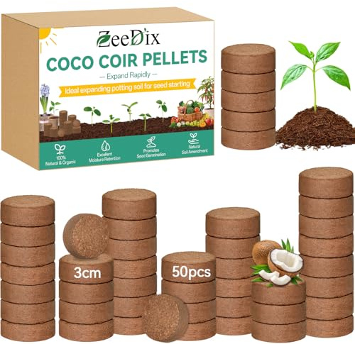 ZeeDix Coco Coir Pellets, 50 Pcs 30mm Seed Starter Soil Pods for Planting