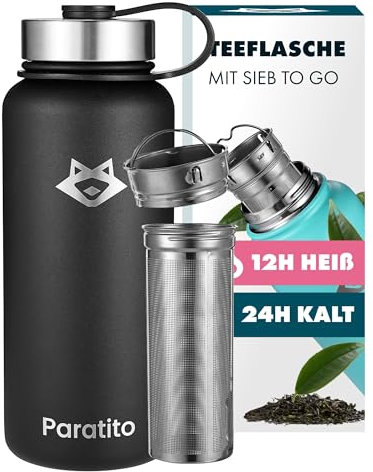 Paratito® Bottiglia termica 1 litro in acciaio inox con colino per tè, ideale come termos caffè e teiera con infusore e Borraccia Termica per Tè da Viaggio - sfuse infusore tè - filtri per tisane