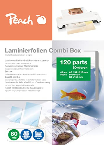 Peach PPC500-04 - Pellicola per laminazione, 40 x A5 e 80 x 10 x 15 cm, 80 mic, 120 pouches, lucide, compatibili con plastificatrici di tutte le marche