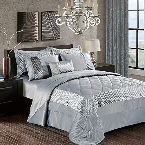 PRIME LINENS Luxury 3 Pcs Quilted Bedspread Bedding Set Comforter Bed Throw with Matching Pillow Shams Satin Sequence Design Easy Care (Silver/Grey, Super King)