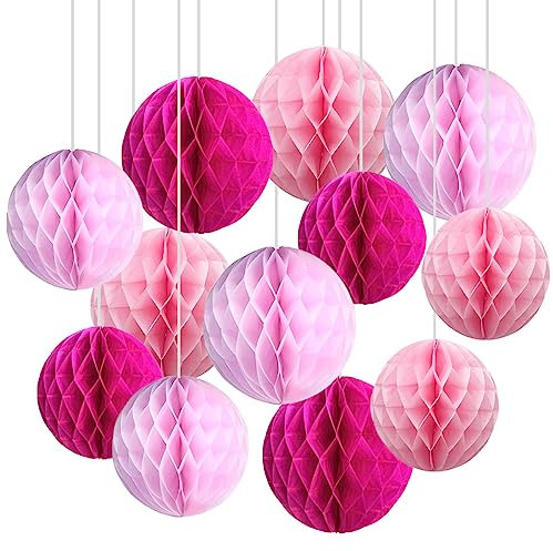 12 bolas de panal de papel rosa, bolas de papel de seda para decoración de fiestas (12 pulgadas y 10 pulgadas)