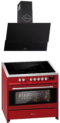 GURARI Induktions-Standherd E 913 R + GCH 268 Bl 9 Prime, Range Cooker/Elektro Standherd 90 cm FLEX Induktionskochfeld + Dunstabzugshaube 90 cm, Rot