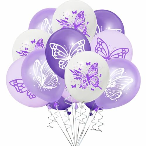 Yunchu Online 16 globos de mariposa morados para decoración de cumpleaños para niñas, color lila, decoración de cumpleaños, niñas, mariposas, fiestas de cumpleaños