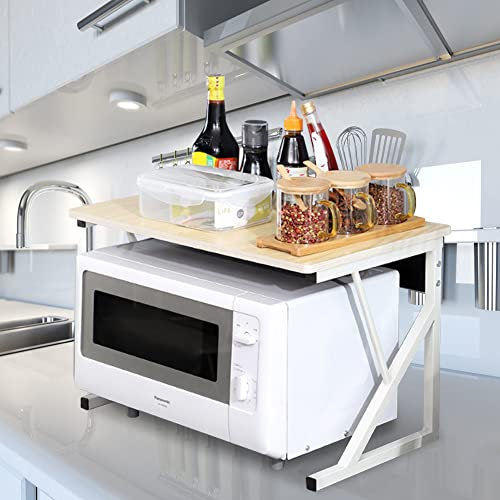 OHMG Étagère à micro-ondes, étagère de cuisine extensible à 2 niveaux avec crochets, comptoirs de cuisine pour grille-pain, bouilloire, bouteille d'épices
