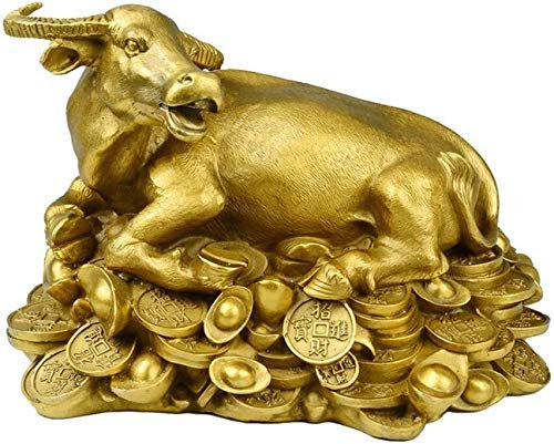 LeGDOr China Brass Cattle/Bull Zodiac Feng Shui Statue Golden Handicrafts Skulptur Stier steigt auf Barren Figur Sammlerstück zieht Reichtum und Glück an (Größe: S)