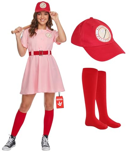 Morph Basebolldräkt Dam Rosa, Damkostym för Damer med Randig Klänning, Rött Bälte, Strumpor & Baseballmössa