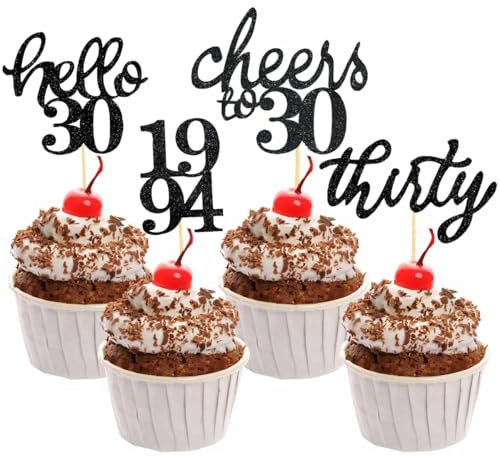 30. Geburtstag Cupcake Topper, 24 Stück Glitzer Kuchen Deko Tortendeko 30 Geburtstag Männer Frauen Geburtstagsdeko, von 1994 für 30 Geburtstag Deko Cake Decoration（Schwarz）