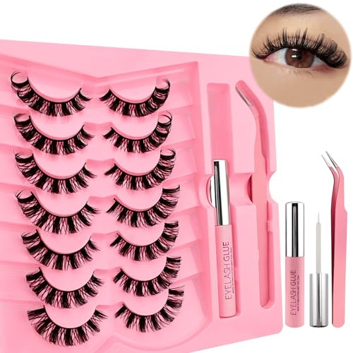 7 par 3D ryska falska ögonfransar kattöga med lim och tweezer kit, fluffig volym D böjning, kattöga, konstgjorda ögonfransar, naturligt utseende, curly falsk mink, make-up ögonfransar, set (S011-kit)