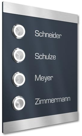 Graviers Design Türklingel für Mehrfamilienhaus 4 Namen Gravur - V2A Edelstahl Klingel 140x185 mm - LED Taster Unterputz wählbar Aufputz für Haustür 4-fach