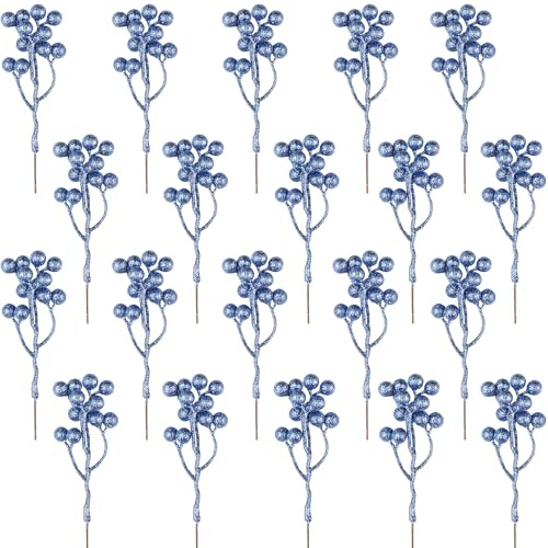 Fangoo 20 Piezas 18 cm Decoración Artificiales de Bayas Rojos Navidad Decoración Baya de Acebo para Artesanal de árboles de Navidad con Bayas Fiestas en Casa Guirnaldas de Bricolaje(Azul)