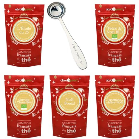 Coffret de Noël avec Cuillère Doseuse – Comptoir Français du Thé – 5 Thés Festifs en Pochettes de 20g + Cuillère à Thé – Coffret Cadeau Blanc Édition Limitée