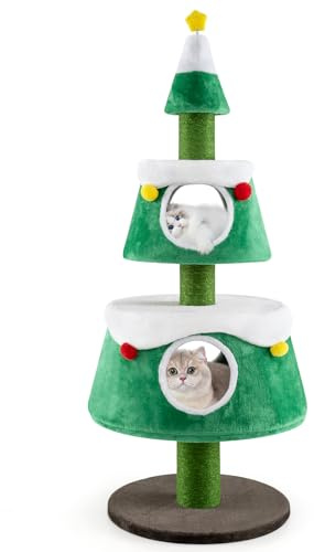 COSTWAY 153 cm Árbol de Navidad para Gatos, Rascador para Gatos con 2 Condos, 3 Postes de Rascado de Sisal, Juguete de Resorte, Torre para Gato Moderno con Cojines Extraibles para Interior