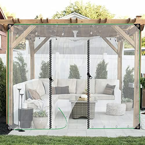 Transparente wasserdichte Planen-Vorhänge für den Außenbereich, Pergola, Terrasse, Pavillon, strapazierfähig, transparente Seitenteile mit Reißverschlusstür, 6 x 3,5 m
