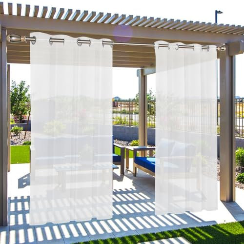 2 Stück Outdoor Vorhang Transparent Wetterfest, 134x210cm Transparent Vorhänge mit Ösen, Voile Gardinen Außenvorhang, Dekoschal Gardinen Sichtschutz Sonnenschutz für Terrasse Balkon Wohnzimmer(Weiß)