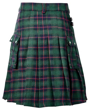 Zando Kilt for Men Scottish Kilt Traditional Highland Tartan Casual Utility Kilts with Adjustable Waist & Big Pockets for Weddings, Festivals, and Outdoor Activities Green Plaid Skirt Medium