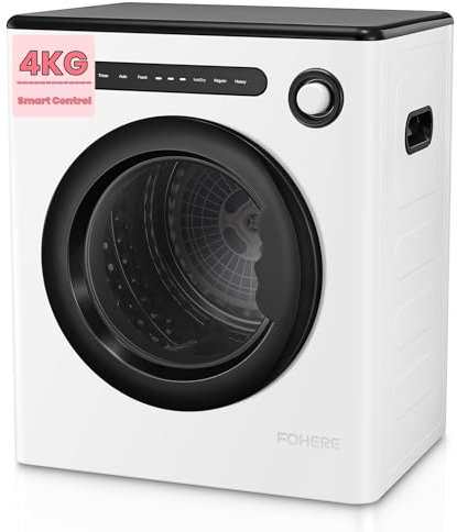 4KG Vented Tumble Dryer, FOHERE 1200W Compact Vented Tumble Dryer, 6 Auto Drying Mode, Smart Drying, Double Temperature Control Protection, for Apartment, Home, Dorm, RVs, White