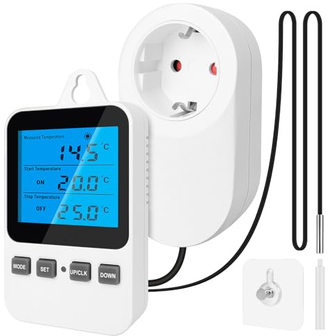 Digital Thermostat Steckdose mit Fühler Temperaturregler 230V Steckdosenthermostat Heizung Kühlung Zeitschaltuhr Temperaturschalter für Gewächshaus Terrarium Aquarium
