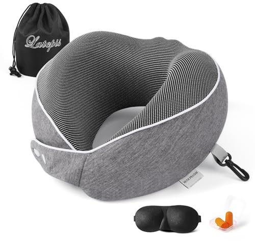 Travel Pillow for Airplane Neck Pillow for Travel Flight Pillow Memory Foam 360 Degree Neck Support Ergonomic Neck Cushion Travel Bag, Eye Mask and Ear Plugs, Dark Grey