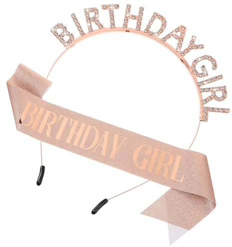 ValueBargain Birthday Headband Girl, Glitter Happy Birthday Girl Headband Tiara Crown & Sash with Rhinestones for Girls, Women (Rose Gold)