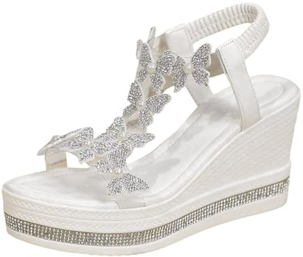 Xbemkste damsandaler, platå med kilklack, sandaletter med fjäril, strass, eleganta höga klackar, sandaletter, ankle elastiska sommarsandaler, Vit, 35 EU