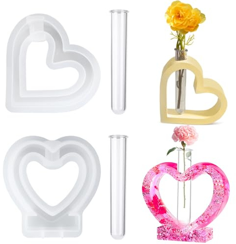 2 Stück Silikonform Herz Vase, Silikonform Vase mit 2 Reagenzgläsern | Silikonformen Gießformen Herz, Herzform Silikon Blumenvase Epoxidharz für DIY Handwerk und Hydrokulturpflanzen