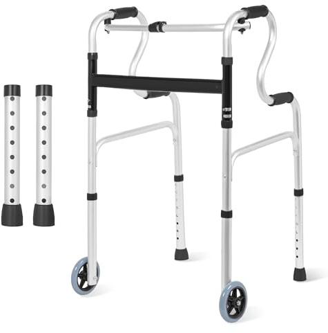 OUUTMEE Pliable Cadre de Marche avec 2 Roues, Hauteur Réglable Cadre de Marche pour Personne Âgée, Déambulateur Léger en Aluminium avec Pieds Antidérapant, Jusqu'à 250KG