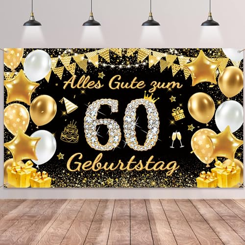 60. Geburtstag Deko Banner Frauen Männer - Schwarz Gold Alles Gute zum 60 Geburtstag Hintergrund Banner, Große Geburtstagsbanner für 60 Jahre Geburtstagsdeko 180 x 110cm