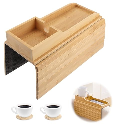 Bandeja de Brazo para Sofá con Alfombrillas para Tazas, Bandeja para Reposabrazos de Sofá Plegable, Mesa de Brazo de Sofás Bandejas de Sofás de Madera Antideslizante con Portavasos para Mando, Tazas