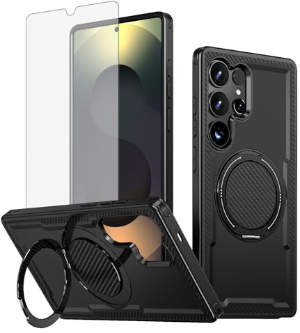 ELISORLI Phone Case for Samsung Galaxy S23 Ultra 5G with Tempered Glass Screen Protector Slim Magnetic Rugged Stand Ring Holder Hybrid Protective Cover S23Ultra 23S S 23 23Ultra 6.8 inch Men Black