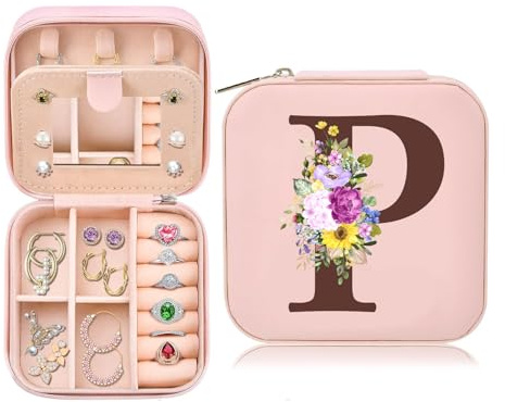 Kleine Schmuckschatulle mit Anfangsbuchstaben P, Schmuckkästchen Travel Organizer Box Geschenke für Damen Mädchen Freundin, Geschenke für Weihnachten Geburtstage Hochzeit Valentinstag Muttertag, Rosa