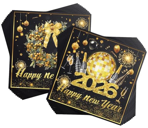 2027 Silvester Servietten, 40STK 2027 Happy New Year Servietten | Silvester Deko Papierservietten Schwarz Gold Neujahr Partyservietten Tischdeko Party Zubehör, 33x33cm