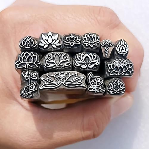 CYHTYM Schlagzahlen 14-teiliges Stempelset mit Metallstempeldesign, kreative Stempelform aus Stahl mit Lotusmuster, verwendet für Schmuck, Leder und Ton