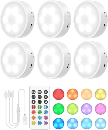 GOODEA.fun Trådlös vitrinbelysning – uppladdningsbar 3 RGBW Puck Lights med fjärrkontroll timer – 13 färger dimbara LED inbyggda lampor – magnetisk batteri skåpbelysning, 6 stycken